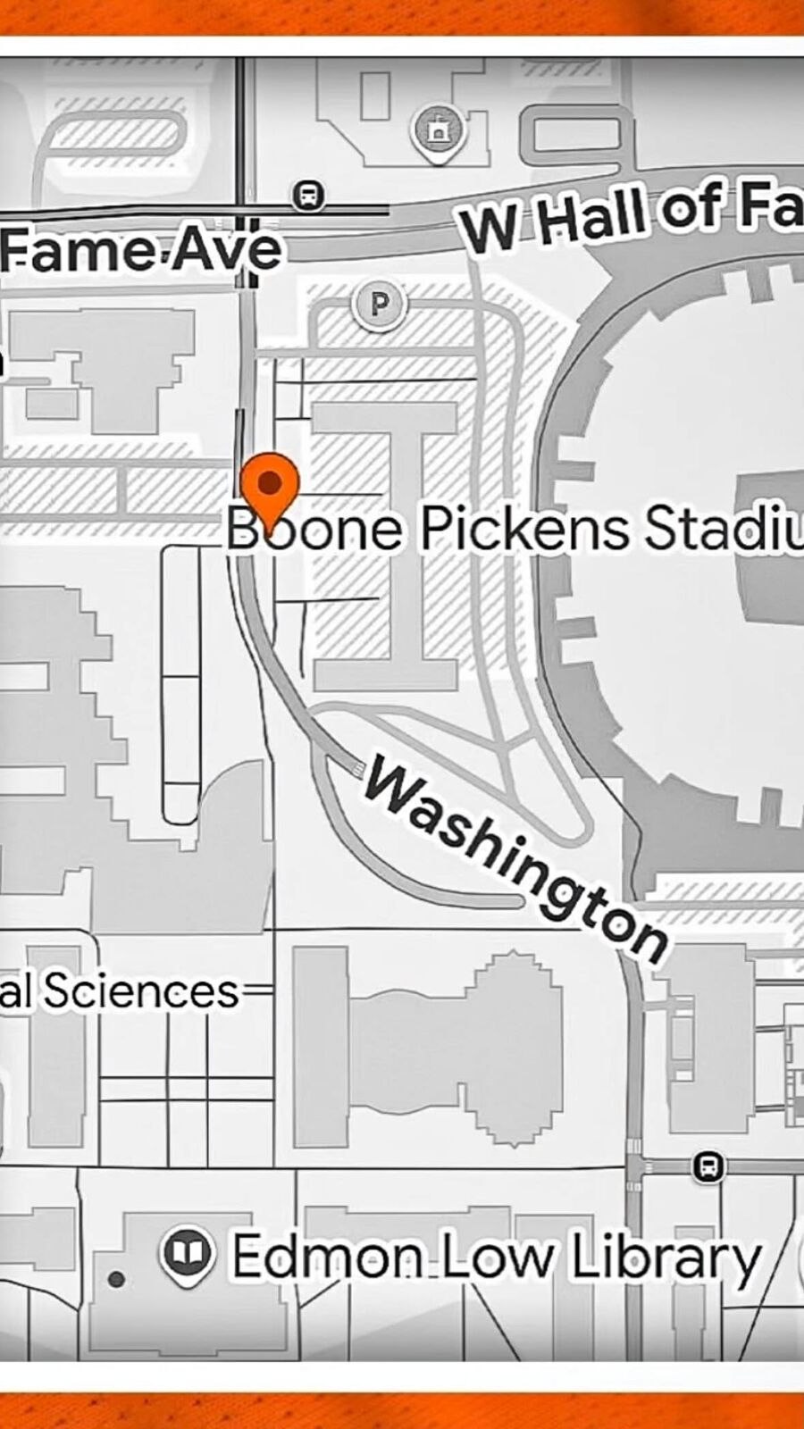 Map with a pin on the west side of Boone Pickens Stadium, near W Hall of Fame Ave and Washington St